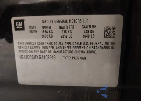 2016 Chevrolet Sonic Lt Auto from USA, damaged, VIN 1G1JC6SHXG4102919